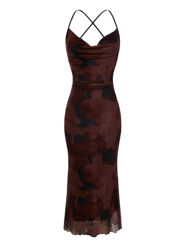 Image of SOLY HUX Women's Floral Mesh Bodycon Cami Dress Cowl Neck Sleeveless Cocktail Party Wedding Guest Long Maxi Dresses