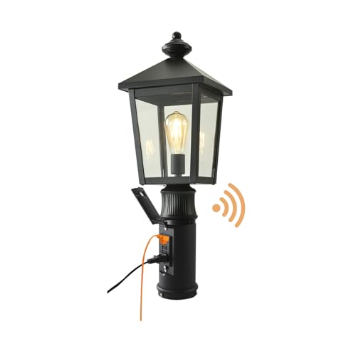Outdoor Post Light with GFCI Outlet Dusk to Dawn Aluminum Pole Lantern with Built-In Weatherproof Socket IP65 Waterproof Post Light Fixture with Clear Glass Shade Black for Yard Pathway Garden