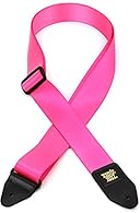 Adjustable length 41 Inch to 72 Inch. Comfortable width at 2 inches wide. Strong and durable neon pink polyester webbing. Premium leather ends. Ernie Ball logo stamped in gold print.