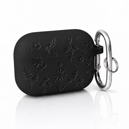 Image of Emoh Roced Case for Airpods Pro 3 with Keychain,Silicone Flower Engraved Cases Compatible with Apple AirPods Pro 3rd Generation 2025, Anti-Scratch, Protective Case Cover (Black, for AirPods pro 3)
