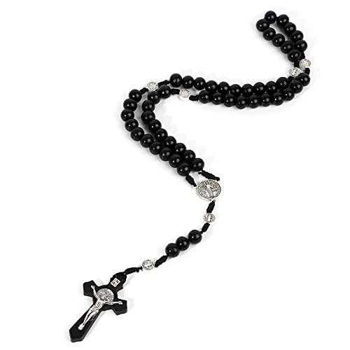 Runmeihe Collar de Rosario con Cruz Católica, Cuentas de Oración de Madera Natural con Medalla Cruz Jesucristo San Benito, para Cristianos Católicos Comunión Religiosa, Bautismo, Misa, Biblia