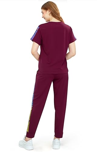 Image of ZEYO - Women's Cotton Typography Side Striped Night Suit Set of Top & Joggers Pajama Set