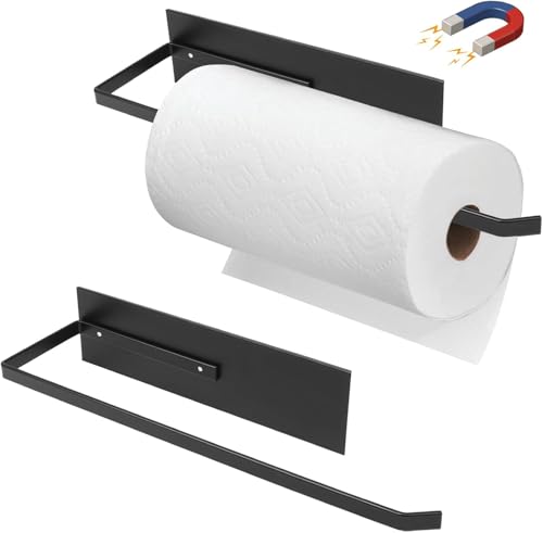 Image of OrganizeMee Magnetic Towel Holder | Kitchen Tissue Roll Holder Aluminium Foil Roll, Plastic Wrap Paper Towel Holders | Multipurpose Organizer | Can Stick to Fridge, Oven Washing Machine 2NOS (Black)