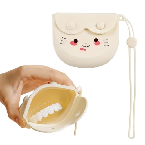 Mlysnd Zahnprothesen Box, Gebissdose Zahnprothesendose, Tragbare Reinigung Halter Silikon Zahnspangen Silikon Aufbewahrungstasche 9,5 X 8 cm(beige)