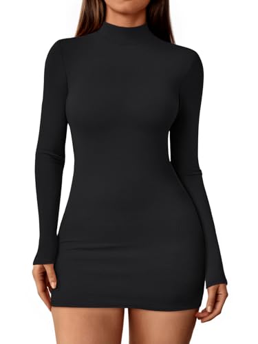 LILLUSORY Womens Mock Neck Ribbed Knit Long Sleeve Party Bodycon Mini Dresses
