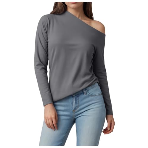 Camisetas genéricas de manga larga Slim Fit Mujer Tops Sexy Hombros Descubiertos Camiseta Blusa Cuello Redondo Capa Base Túnica Blusa Elegante e Casual Color Sólido Jersey Tops, gris, XS