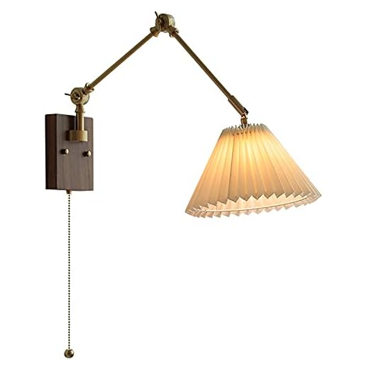 Vägglampa I Valnöt Mässing Med Strömbrytare, Lång Arm Svängbar Vägglampa, Veckad Tyg Lampskärm, Inomhus Väggbelysning, Vägglampa, E27, Sovrumssäng, Vardagsrum