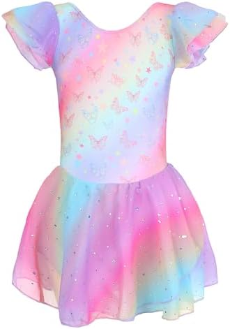 Ballet Leotards for Girls with Skirt: Rainbow Butterfly Star Print, Glitter Flutter Sleeve Tutu for Practice image 5