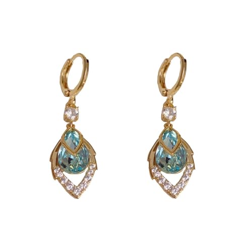 Emerald Earrings，Gold Huggie Earrings，Gold Hoop Drop Feather Leaf Earrings for Women ，Zirconia Dangle Earrings Jewelry Gifts for Women