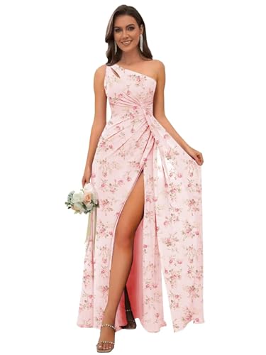 Image of OFEECHUN Women's Chiffon One Shoulder Bridesmaid Dresses Long Pleated Formal Evening Gowns with Slit