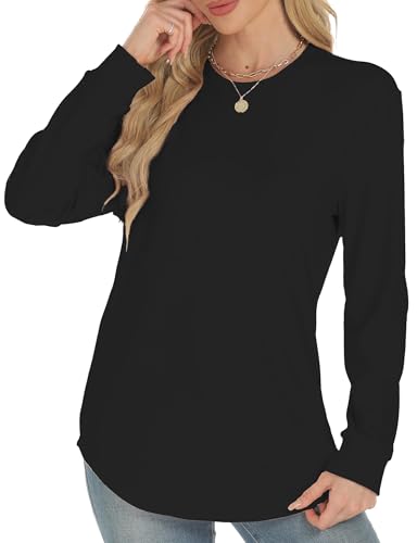 AURUZA Long Sleeve Shirts for Women, Crew Neck Side Split Tunic Tops, Loose Fit T-Shirts Casual Tunic Pullover Trendy Clothes, M, Black