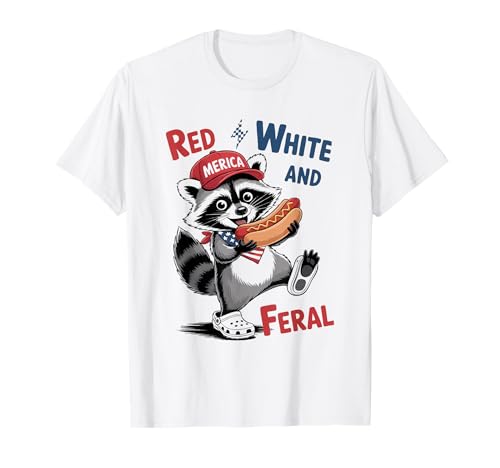 Funny Red White & Feral 4 de julio Racoon Hotdog Camiseta