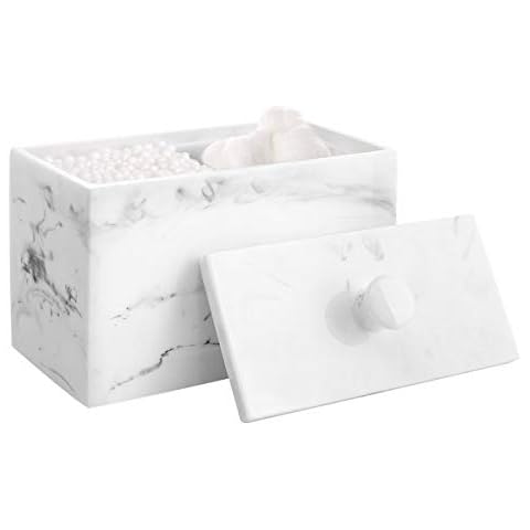 Luxspire Cotton Swab Holder, Qtip Holder Dispenser with Lid, 2 Compartments Cotton Ball Holder, Bathroom Container for Cotton Round, Cotton Ball, Floss, Marble Bathroom Accessories - Ink White Cover