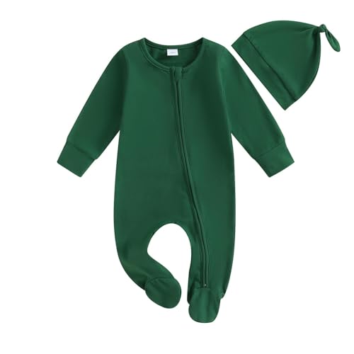 TYUSGH Mameluco de manga larga con cremallera para bebés y niñas recién nacidas con gorro para bautizo, baby shower, verde, 0-3 meses