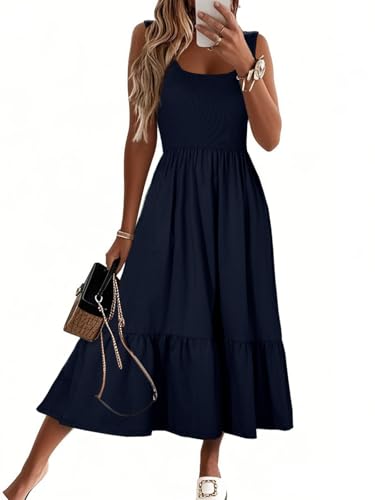Image of HDLTE Women Summer Dresses 2025 Square Neck Tiered Tank Long Maxi Casual Sundress with Pockets