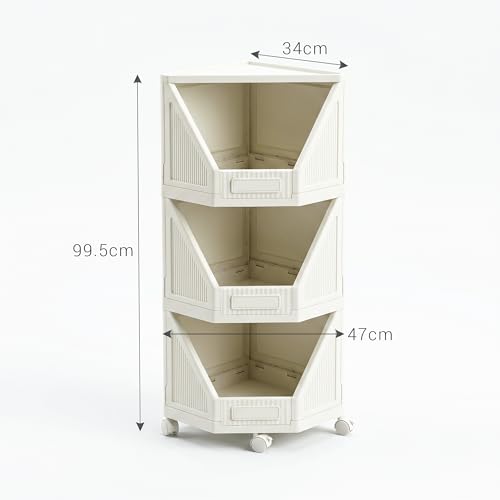 Image of VERAT 3 Tier Plastic Corner Storage Cabinet Foldable Cupboard with Layer Locking System Multipurpose Storage Organizer Rack for Clothes Books Toys and Home Decor White (Off White)