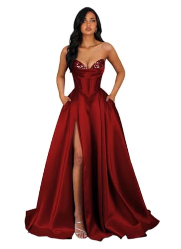 Tianzhihe Satin Prom Dresses 2026 Sparkly Glitter Long Corset Burgundy Flowy Beaded Satin Bridesmaid Formal Gown with Pockets US6
