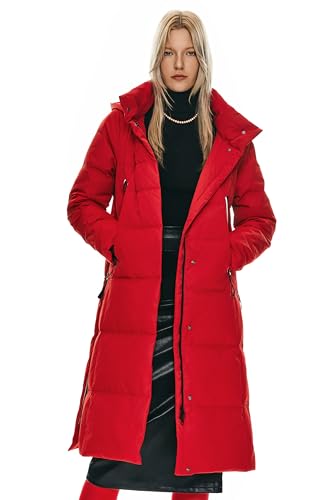 Orolay Women's Thickened Long Down Jacket Winter Down Coat Hooded Puffer Jacket with Side Zipper Spectra Red M