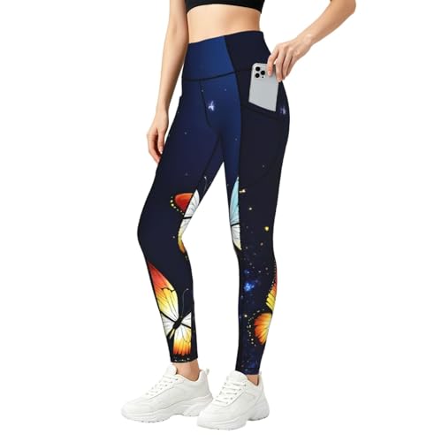 Leggings elásticos con bolsillos anti caídas y estampado de mariposa