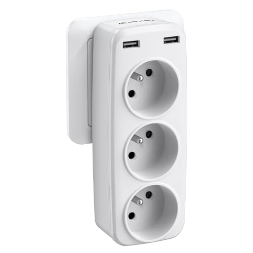 LENCENT Multiprise 5 en 1 Murale Prise avec Multiple Secteur USB, Chargeur avec 3 Sortie AC 16A, 4000W et 2 Ports USB, Murale Electrique Idéal pour Chambre Bureau Domicile