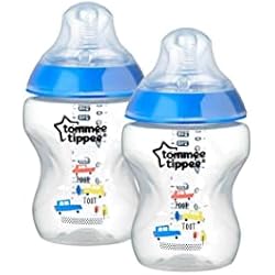 Tommy Type Biberones Tommee Tippee Closer to Nature Biberones con Tetina con Forma de Pecho y Válvula Anticólico, 260ml, Pack de 2, Ollie y Pip