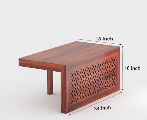 Image of ONIJA Modern Wooden Coffee Table with Carved Jali Design & Cushioned Stool | Center Table with Hidden Seating | Solid Wood Living Room Table (Honey Finish)