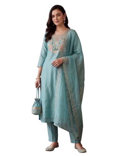 Image of INDO ERA Women's Silk Blend Embroidered Thread Work Straight Kurta & Pant with Dupatta Set | Kurta Sets For Woman