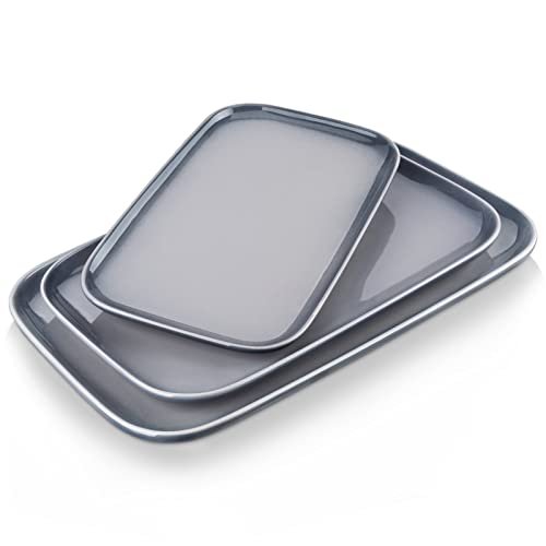 LOVECASA Lot de 3 Plateaux de Service Rectangulaires en Grès | Assiettes Longues de 38.5/33.3/28 cm | Plateau de Présentation pour Apéritif, Dîner, Dessert | Passant au Lave-Vaisselle | Gris Dégradé