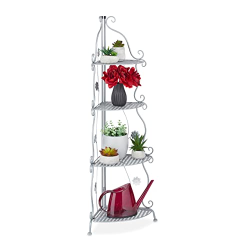 Relaxdays Scaffale Portafiori in Metallo, Fioriera ad Angolo con 4 Mensole Porta Piante, HLP 113,5 x 31 x 31 cm, Argento