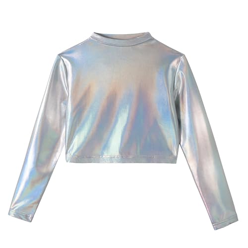 LOLANTA Popstar Costume for Girls Shiny Metallic Mock Neck Dance Wear Y2k Top Girls Alien Costume (Laser Silver, 7-8 Years)