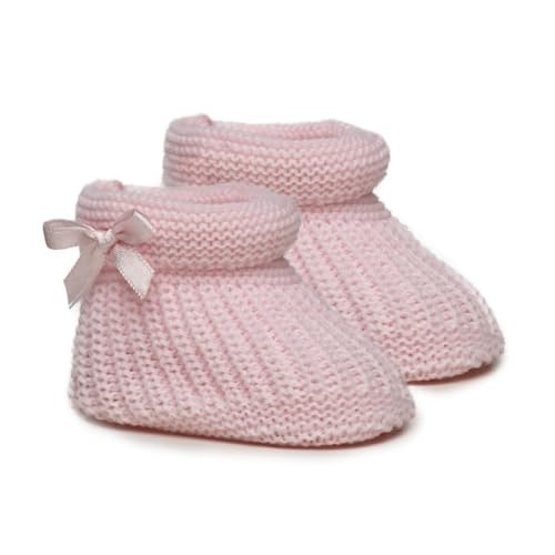 Baby Boys Girls 1 Pair Acrylic Knitted Booties Soft Newborn Knitted Booties with Bow | 0-3 Months (Pink with Bow, UK Footwear Size System, Toddler, Age, Medium, 0 Months)