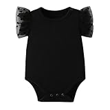 ROMPERINBOX Baby Girl Onsies Black Polka Dot Mesh Puff Sleeve Rib-Knit Short Sleeve Round Neck Bodysuit, 0-3 Months