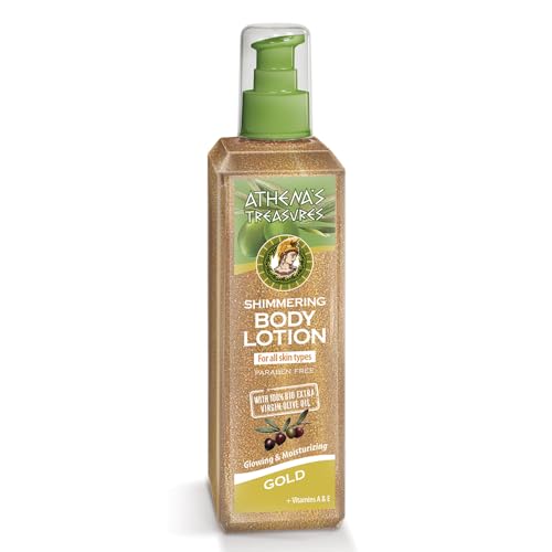 Athena's Treasures Schimmernde Körperlotion Gold, mit Bio-Olivenöl, Aloe Vera und Hyaluronsäure, Feuchtigkeitsspendend, für alle Hauttypen, 250 ml