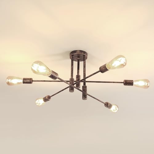 DELIPOP Lámpara de Techo Bronce, 6 Luces E27 Vintage Plafon Techo Salon, Ajustable 180° Lámpara de Araña Industrial para Salón, Dormitorio, Comedor, Cocina