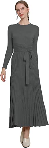 Image of Women's Long Sleeve Sweater Dress Ankle Length Fall Dress Vneck Knit Winter Dress