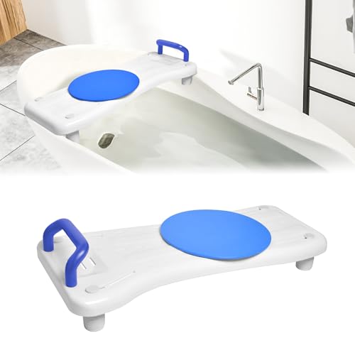 UISEBRT Planche de bain avec plaque tournante, siège de baignoire pour personnes âgées, siège de baignoire avec poignée et porte-savon, longueur 70 cm, blanc et bleu