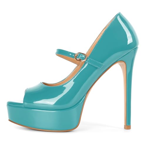 Image of SAMMITOP Women's Peep Toe High Heels Platform Stiletto Pumps Patent Mary Jane Heels 5.5 inch Party Wedding Dress Shoes