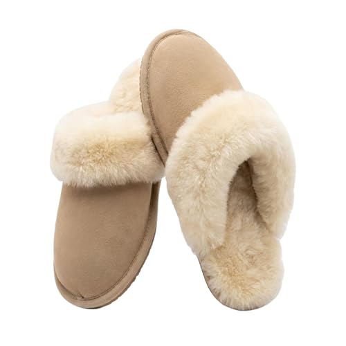 LIRA Deko Lammfell Hausschuhe Damen 100% echtes Lammlederfutter Warme und Hausschuhe Damen Kuscheligfür Herbst und Winter | Beige Damen-Hausschuhe mit rutschfester EVA-Gummisohle EU-Größe 36