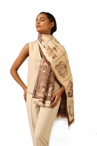 Dusala Women's Reversible Cashmere Blend Stole - Floral and Animal Print, Soft & Stylish Wrap, Handmade in India, Lightweight and Cozy, Thoughtfull Fashion Accessory, 28x80 Inch, Cream & Brown2