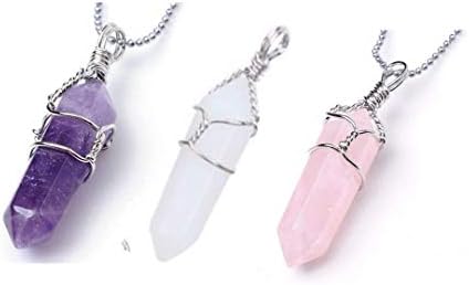 3 Double Terminated Wire Wrapped Pendant One Each of Amethyst, Quartz and Rose Quartz Pendants