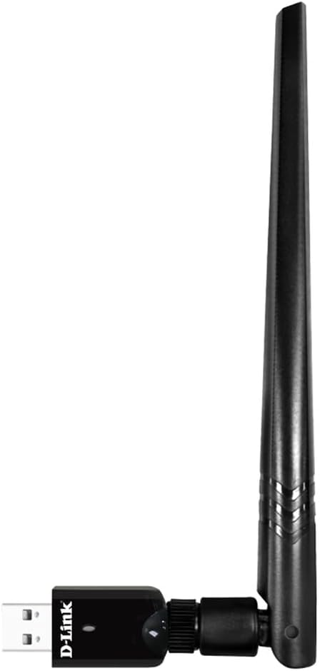 D-Link DWA-185 AC1300 MU-MIMO Dual-Band USB 3.0 Wi-Fi Adapter with antenna attached, side view.