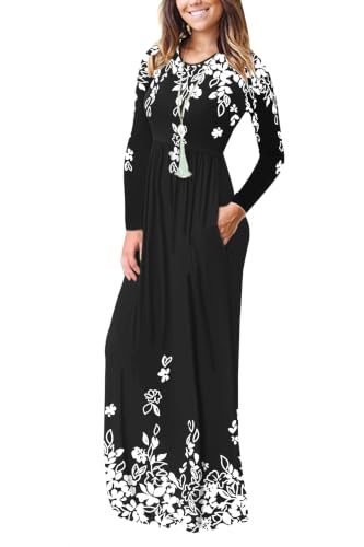 Image of AUSELILY Womens Long Sleeve Maxi Dress Casual Empire Waist with Pockets | Versatile year round long dress for spring, fall, winter, available in floral prints and solids