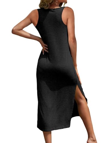 Image of Dyexces Women Summer T Shirt Dress Casual Short Sleeve V Neck Maxi Dresses Loose Side Slit Long Tshirt Dress with Pockets