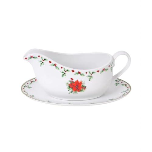 Gravy Boat & Saucer Set Porcelain Christmas Holly Serving Sauce Dish Dinnerware