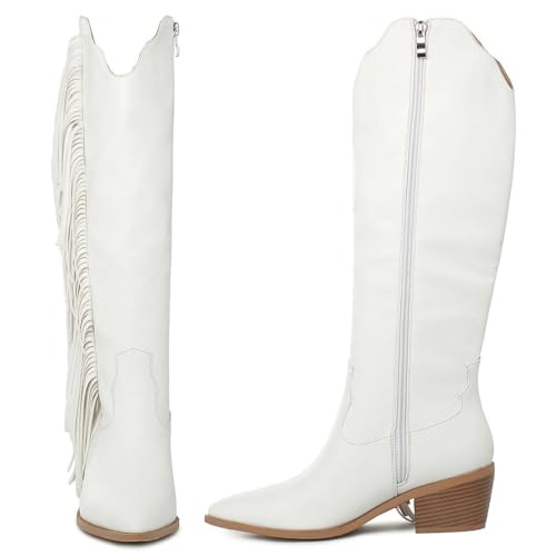 KiutSymo Cowgirl Fringe Boots For Women White Tassels Cowboy Boots Knee High Pointed Toe Western Boots4
