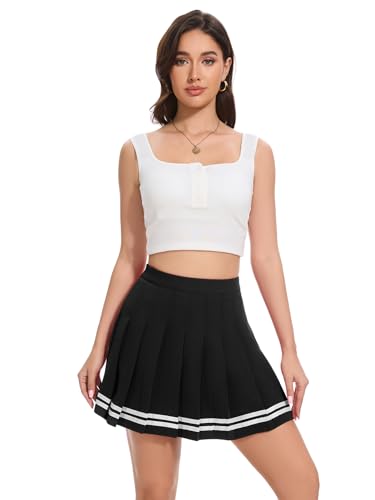 Image of Shestellar Stretchy Short Pleated Skirts for Women Cheerleader Uniform High Waist A-line Mini Skirt Black White Strip 3XL