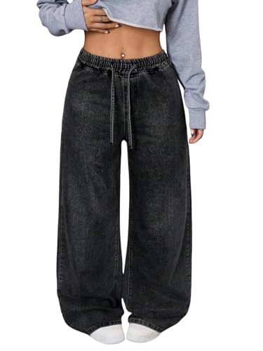 SOLY HUX Mädchen Jeans Hose Breite Denimhose Teenager Vintage Jeanshose Hohe Taille Jeans Hosen mit Taschen Streetwear für 13-16 Jahre Schwarz 16 Jahre