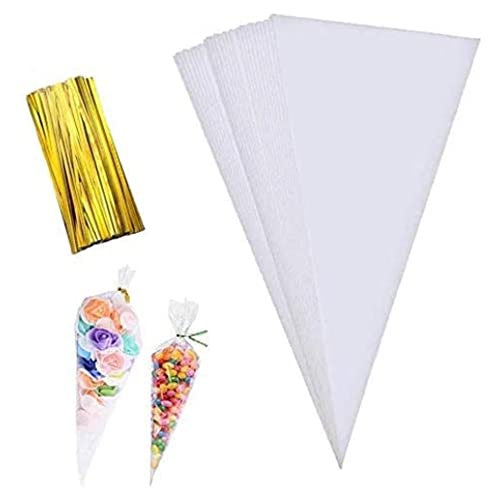 Maouywiee Cone Bag 100 PCS Clear Cello Treat Bags Popcorn Bags Triangle Goody Bags with Twist Ties for Candies Handmade Cookies (5.1 X 9.8)