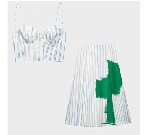 Women Series Striped Tight Corset Top Half Skirt Set Spaghetti Strap Bodycon Crop Top Midi Skirt Suit2