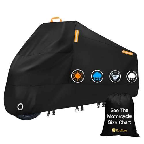 EcoZoro 300D Heavy Duty Motorcycle Cover - All Season Waterproof Outdoor Protection with Lock-Holes, Night Reflective & Storage Bag Fits up to 116' Cruiser, Touring, Sportbike, Dirt Bike, Scooter